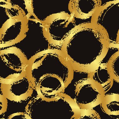 Vektör fırça daireler ve konturlar ile seamless modeli. Altın gradyan rengi koyu arka plan üzerinde. Grange doku el boyalı. Mürekkep geometrik öğeleri. Moda modern tarzı. Sonsuz kumaş baskı.