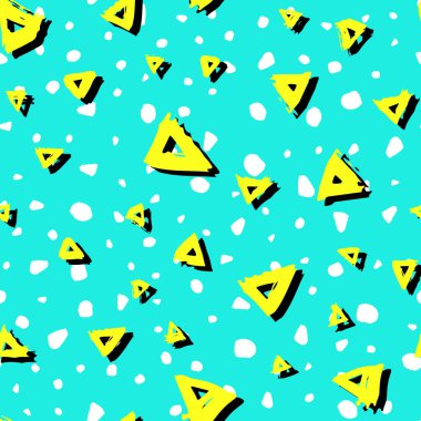 Vektör Dikişsiz desen fırça ile üçgenler sarı siyah renk mavi zemin üzerine beyaz. Grange doku el boyalı. Mürekkep geometrik öğeleri. Moda modern tarzı. Sonsuz kumaş baskı.