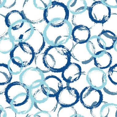 Vektör fırça daireler ve konturlar ile seamless modeli. Beyaz zemin üzerine mavi renk. Grange doku el boyalı. Mürekkep geometrik öğeleri. Moda modern tarzı. Sonsuz kumaş baskı.