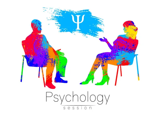 Le psychologue et le client. Psychothérapie. Séance psychothérapeutique. Counseling psychologique. Homme femme parlant en étant assise. Silhouette. Profil de brosse arc-en-ciel. Design concept signe moderne — Image vectorielle