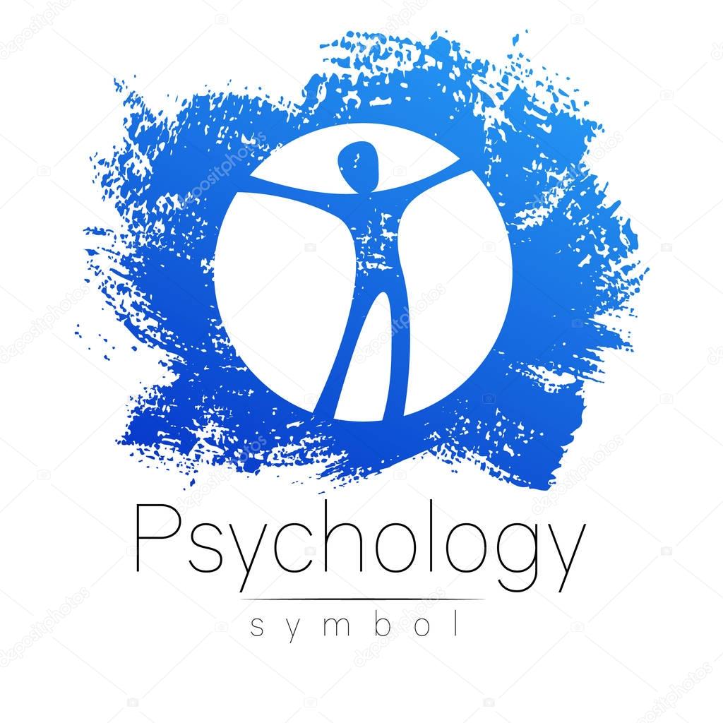 Modern man Sign of Psychology. Human in a circle. Creative style. Icon in vector. Design concept. Brand company. White color isolated on blue brush stroke background. Symbol for web, print card, flyer
