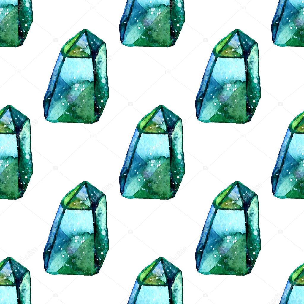 Vector Watercolor illustration of diamond crystals - seamless pattern. Stone jewel background. Can be used for textile design, wallpaper. Brush drawing elements. Gemstones texture.