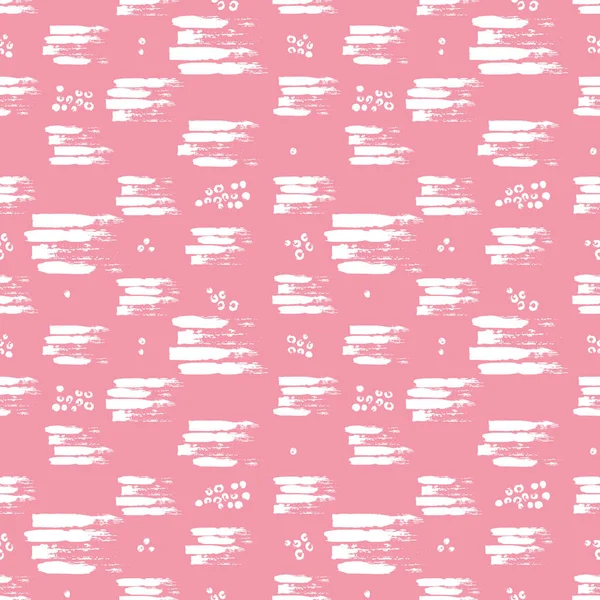 Vector kleurrijke naadloze patroon met penseel lijnen en lijnen. Witte kleur op roze achtergrond. Handgeschilderde grange textuur. Inkt geometrische elementen. Mode-moderne stijl. Ongewone girly school zomer — Stockvector