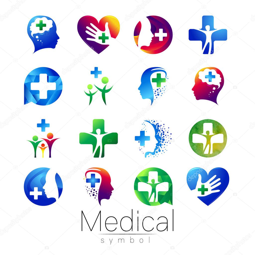 Vector SET of medical sign with cross inside, human profile. Symbol for doctors, website, visit card, icon. Blue color. Medicine modern concept design. Health and care.