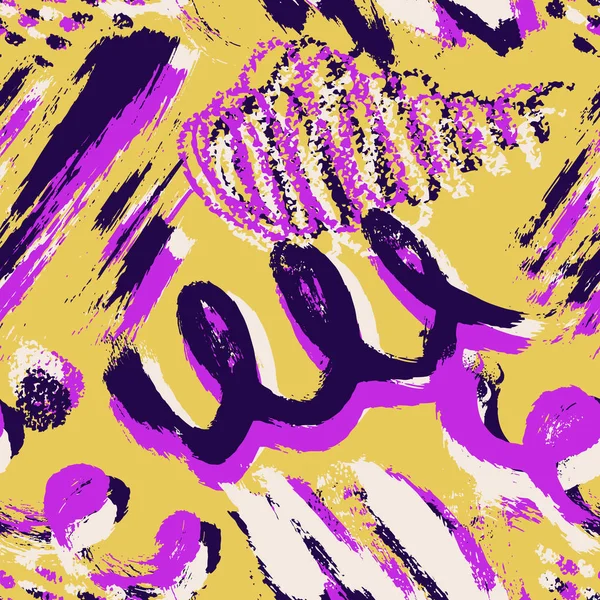 Grunge abstrait dessiné à la main vecteur motif sans couture. Fond peint à l'encre. Couleur jaune rose violet blanc. Grange et le style scolaire pour les enfants, les enfants, les adolescents. Lumineux et été — Image vectorielle