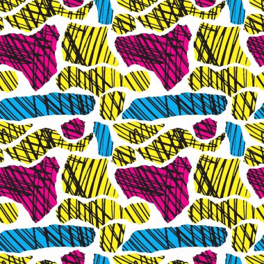 Vektör renkli Dikişsiz desen fırça lekesi ve konturlar ile. Pembe mavi sarı siyah renk beyaz arka plan üzerinde. Grange doku el boyalı. Mürekkep geometrik öğeleri. Evlat modern tarzı. parlak okul