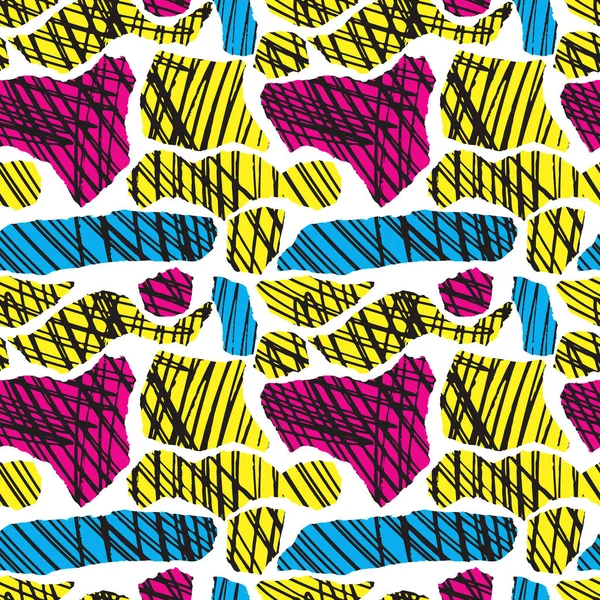 Vektör renkli Dikişsiz desen fırça lekesi ve konturlar ile. Pembe mavi sarı siyah renk beyaz arka plan üzerinde. Grange doku el boyalı. Mürekkep geometrik öğeleri. Evlat modern tarzı. parlak okul