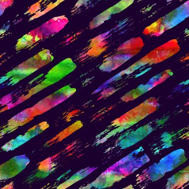 Fırça çizgileri ve fırça darbeleriyle kusursuz desen. Menekşe arkaplanda gökkuşağı suluboya. Elle boyanmış grange dokusu. Mürekkep geometrik elementler. Modern moda tarzı. Bitmek bilmeyen kumaş izi.