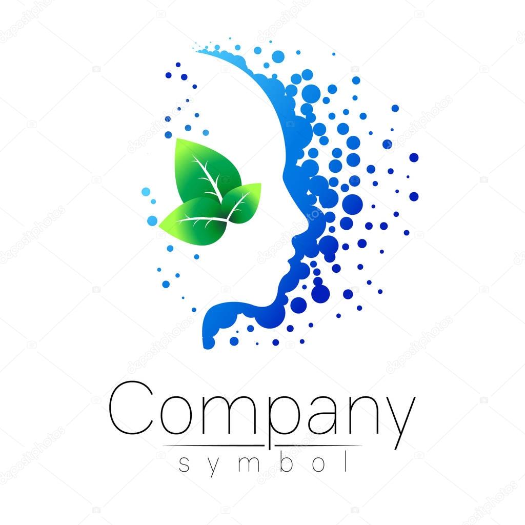 Vector symbol of human head and leaf. Profile face. Blue green color isolated on white background. Concept sign for business, science, psychology, medicine. Creative sign design Man silhouette. logo.