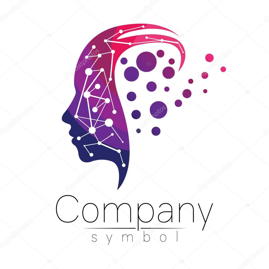 Vector symbol of human head. Profile face. Violet pink color isolated on white background. Concept sign for business, science, psychology, medicine. Creative sign design Man silhouette. Modern logo.