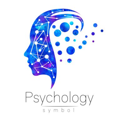 Modern baş logo psikoloji imzala. Profil insan. Logo. Yaratıcı tarzı. İçinde sembolü. Tasarım konsepti. Marka şirket. Beyaz arka plan üzerinde izole mavi sulu boya rengi. Web, baskı için simge