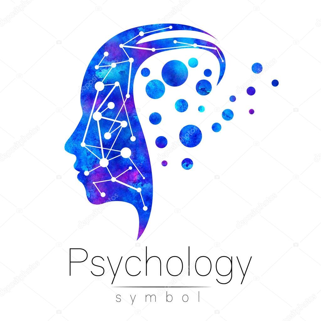 Modern head sign logo of Psychology. Profile Human. Logotype. Creative style. Symbol in . Design concept. Brand company. Blue watercolor color isolated on white background. Icon for web, print