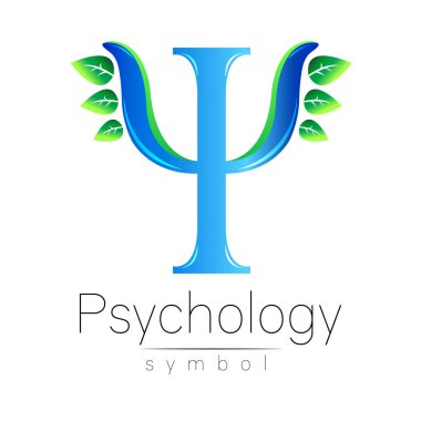 Modern logo psikoloji. Psi. Yaratıcı tarzı. Logo vektör. Tasarım konsepti. Marka şirket. Mavi renk mektup beyaz zemin üzerine yeşil yaprakları ile. Web, baskı, kart, el ilanı simgesi.
