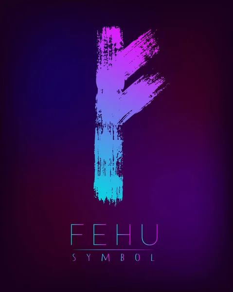 룬 스 칸디 나 비아 fehu 부 벡터 그림 이다입니다. Futhark 편지의 상징입니다. 브러시 줄무늬에 트렌드 그라데이션 블루 핑크 색상으로 어두운 배경 흐림. 마법과 수수께끼 부호입니다. 영적 비전. — 스톡 벡터