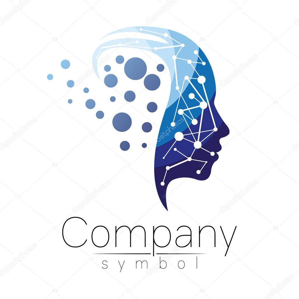 Vector symbol of human head. Profile face. Blue color isolated on white background. Concept sign for business, science, psychology, medicine. Creative sign design Man silhouette. Modern logo.