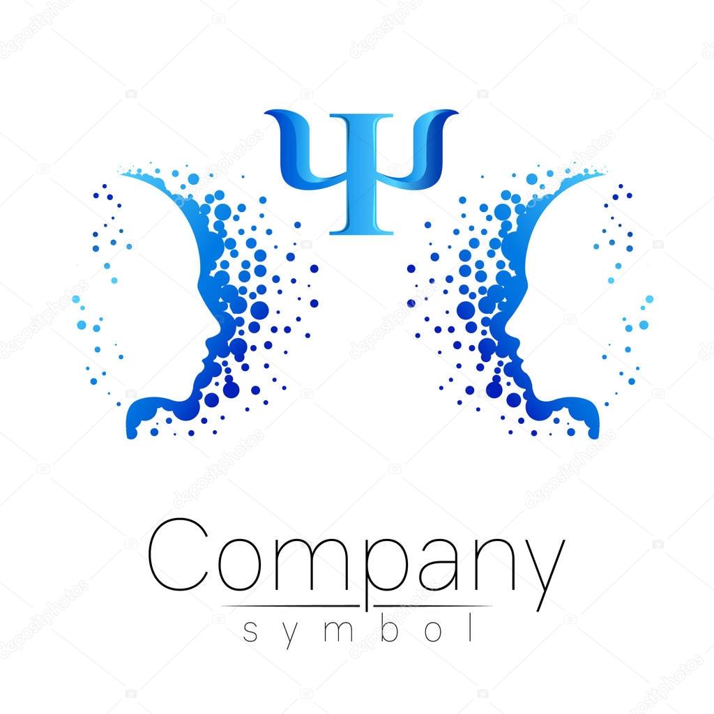 Modern head Logo sign of Psychology. Profile Human. Letter Psi. Creative style. Symbol in vector. Design concept. Brand company. blue color on white background. Icon for web, print, logotype.