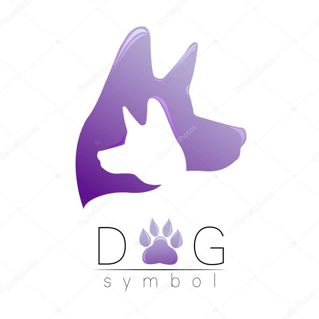 Dog logo vector. Violet trend gradient. silhouette pet. Paw symbol. Label for web, clinic, shop, medical, care, logotype. Creative company concept. Identity style 2018 New year of Dog