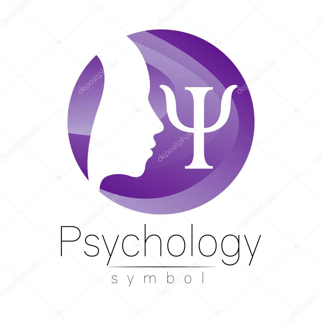 Modern head Logo sign of Psychology. Profile Human. Letter Psi. Creative style. Symbol in vector. Design concept. Brand company. Violet color isolated on white background. Icon for web, logotype.