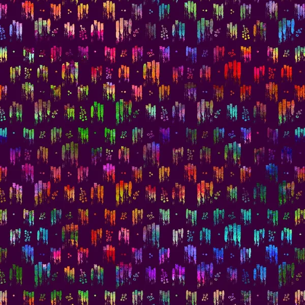 Seamless pattern with brush stripes and strokes. Rainbow watercolor color on violet background. Hand painted grange texture. Ink geometric elements. Fashion modern style. Endless fabric print. — Stock Photo, Image