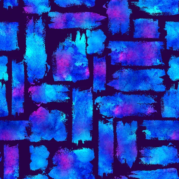 Sömlösa mönster borste ränder rutiga. Blå färg på violett bakgrund. Handmålade grange konsistens. Bläck geometriska element. Modernt mode. Oändlig fantasi rutig tyg tryck. Akvarell — Stockfoto