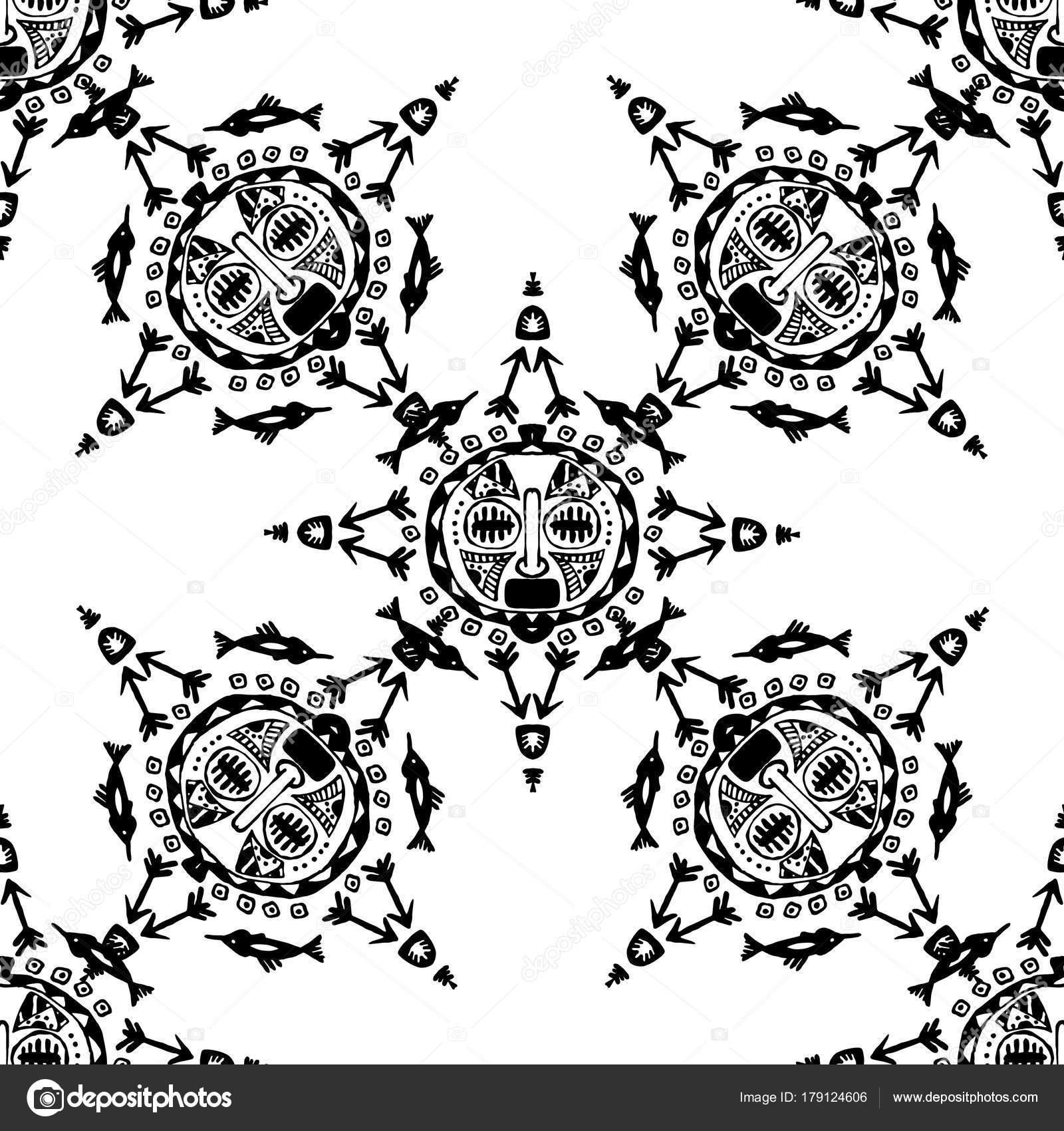 Reticolo senza giunte con maschera tribale etnico disegnato a mano Schizzo per il vostro disegno wallpaper tessile stampa Cultura africana