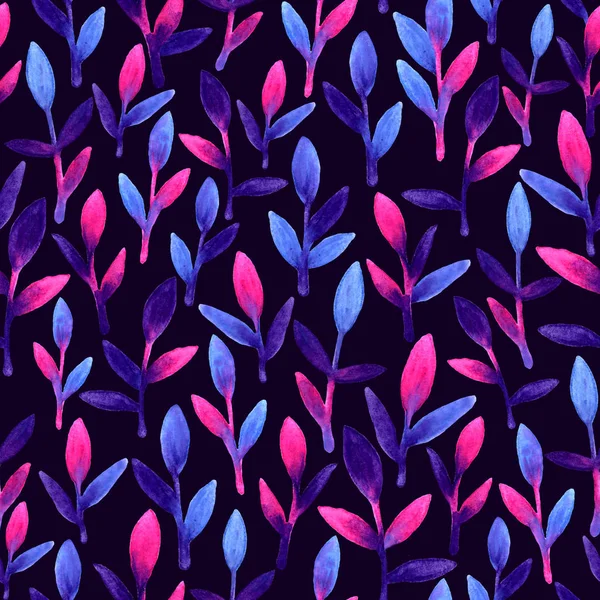 シンプルでかわいい花柄シームレス パターン。ピンク、青、紫の春の手描きの水彩画と葉します。暗い背景上葉を描画する性質。明るい背景のアートの壁紙。美しい色のブラシ — ストック写真
