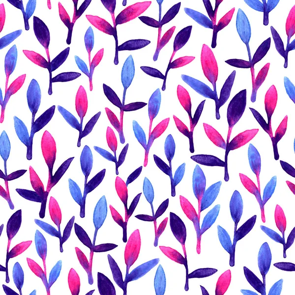 Patrón sin costura floral simple y lindo. Hojas de primavera rosa, azul y violeta pintadas a mano con acuarela Hoja de dibujo de la naturaleza sobre fondo blanco. Arte fondo brillante fondo de pantalla. Hermosos colores cepillo — Foto de Stock