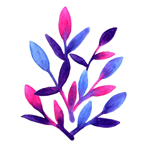Patrón floral simple y lindo. Hojas de primavera rosa, azul y violeta pintadas a mano con acuarela Hoja de dibujo natural sobre fondo blanco aislado. Arte fondo brillante. Hermosos colores cepillo —  Fotos de Stock