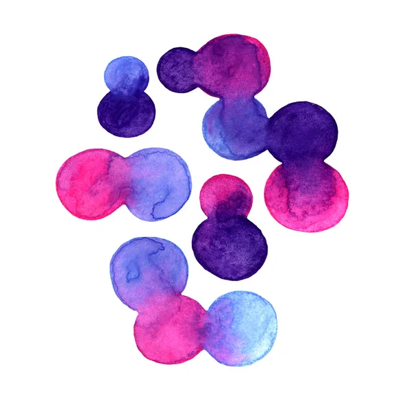 Acquerello modello macchia luminosa blob. Colore viola, blu e rosa isolato su sfondo bianco. Pittura astratta pennello d'arte. Macchie di disegno di mano e cerchi. Design insolito e adolescente — Foto Stock