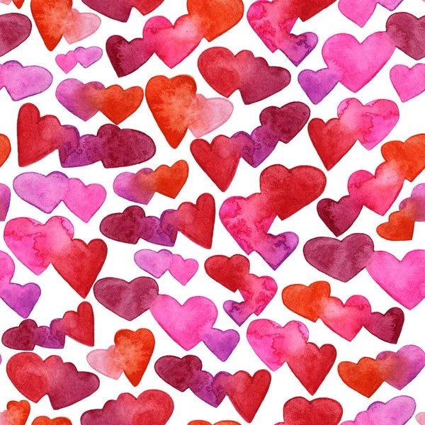 Seamless pattern with red, pink and violet watercolor hearts. romantic design. Isolated on white background. Hand painted brush elements. Modern and teen. Love sign. Valintine Day texture. — Stock Photo, Image