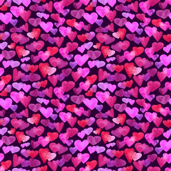 Seamless pattern with red, pink and violet watercolor hearts. romantic design. Isolated on dark background. Hand painted brush elements. Modern and teen. Love sign. Valintine Day texture. — Stock Photo, Image