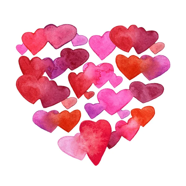 Patroon met rode, roze en violet aquarel hart. Romantisch ontwerp. Geïsoleerd op een witte achtergrond. Handgeschilderde borstel elementen. Modern en tiener. Hou van teken. Valintine Day symbool. — Stockfoto