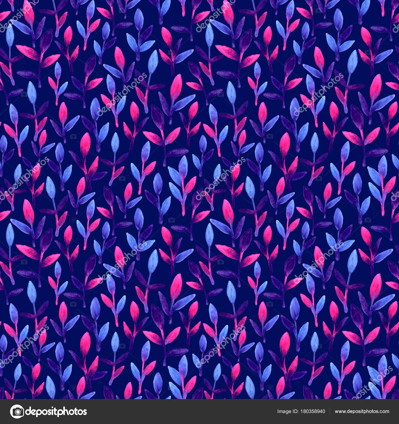 Rosa blu e viola primavera foglie dipinte a mano con acquerello Natura disegno foglia su fondo blu Arte astratto brillante tappezzeria