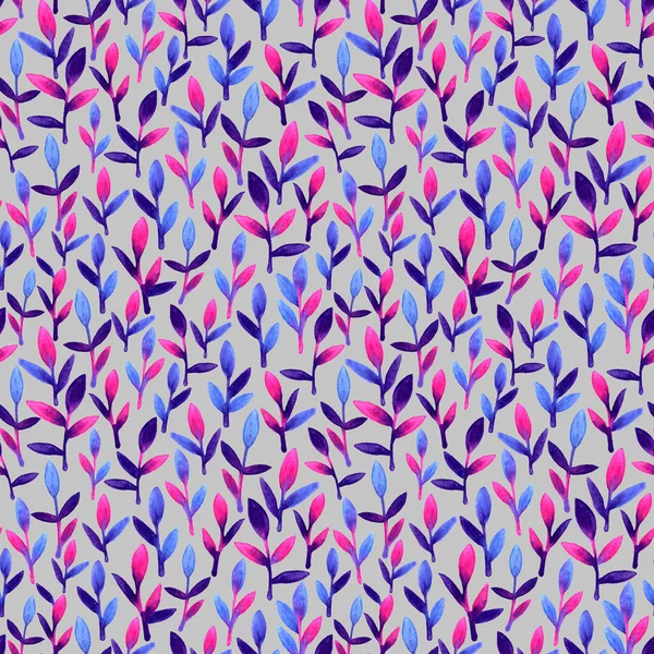 Patrón sin costura floral simple y lindo. Hojas de primavera rosa, azul y violeta pintadas a mano con acuarela. Naturaleza dibujando hoja sobre fondo gris. Arte fondo brillante fondo de pantalla. Hermosos colores cepillo — Foto de Stock
