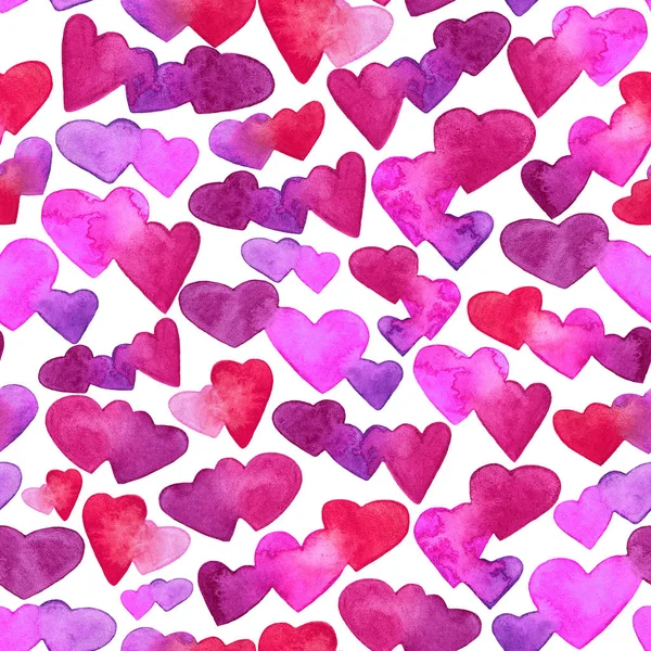 Seamless pattern with red, pink and violet watercolor hearts. romantic design. Isolated on white background. Hand painted brush elements. Modern and teen. Love sign. Valintine Day texture. — Stock Photo, Image