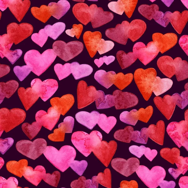 Seamless pattern with red, pink and violet watercolor hearts. romantic design. Isolated on dark background. Hand painted brush elements. Modern and teen. Love sign. Valintine Day texture. — Stock Photo, Image