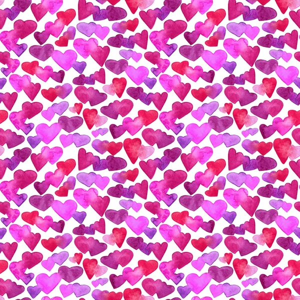 Seamless pattern with red, pink and violet watercolor hearts. romantic design. Isolated on white background. Hand painted brush elements. Modern and teen. Love sign. Valintine Day texture. — Stock Photo, Image