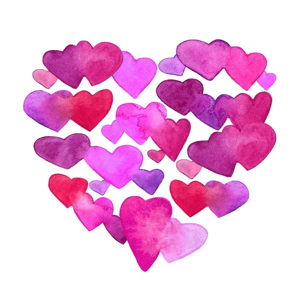 Pattern with red, pink and violet watercolor hearts. romantic design. Isolated on white background. Hand painted brush elements. Modern and teen. Love sign. Valintine Day symbol. — Stock Photo, Image