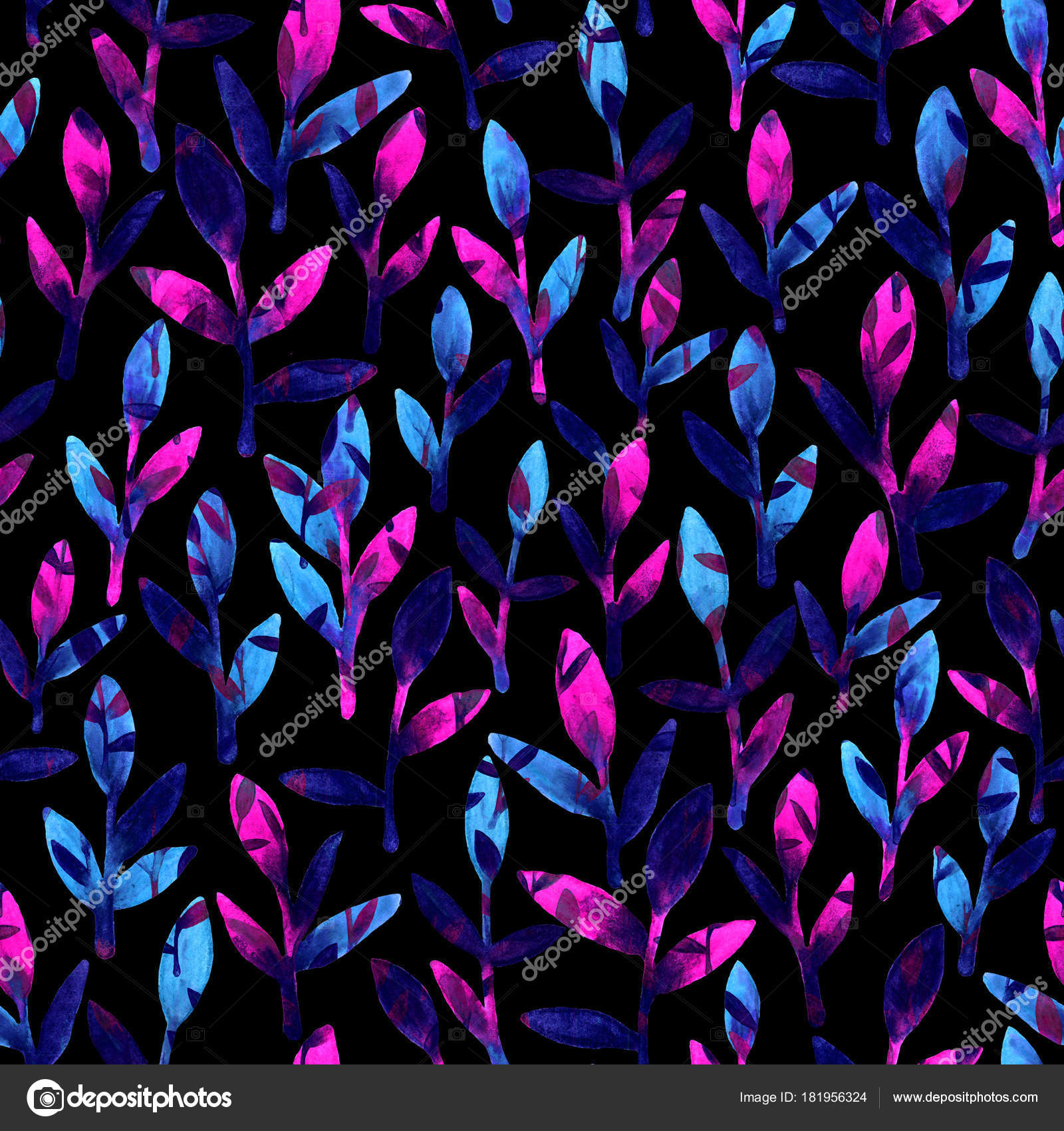 Rosa blu e viola primavera foglie dipinte a mano con acquerello Natura disegno foglia su fondo scuro Arte astratto brillante tappezzeria