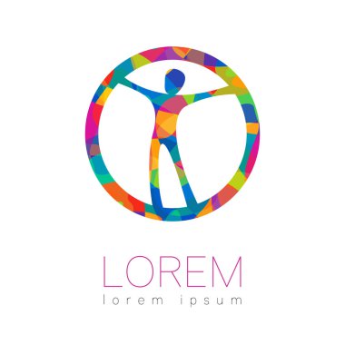 Modern vektör insan silueti beyaz arka plan üzerinde izole daire logo içinde. Gökkuşağı parlak renkler. Adam içimde mutluluğu. Sağlık sembol. Konsept tasarımı web, klinik, okul, eğitim için. Yaratıcı