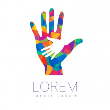 Vektör çizim. Sadaka sembolü. İşareti üzerinde izole beyaz arka plan ver. Gökkuşağı rengi simgesini şirket, web, kart, yazdırma. Modern parlak öğesi. Yardım çocuklar kampanya yetimler. Aile çocuk