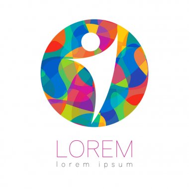 Modern vektör insan silueti beyaz arka plan üzerinde izole daire logo içinde. Gökkuşağı parlak renkler. Adam içimde mutluluğu. Sağlık sembol. Konsept tasarımı web, klinik, okul, eğitim için. Yaratıcı