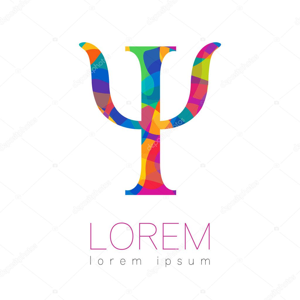 Modern logo of Psychology. Psi. Creative style. Logotype in vector. Design concept. Brand company. Riunbow bright colors letter on white background. Symbol for web, print, card, flyer