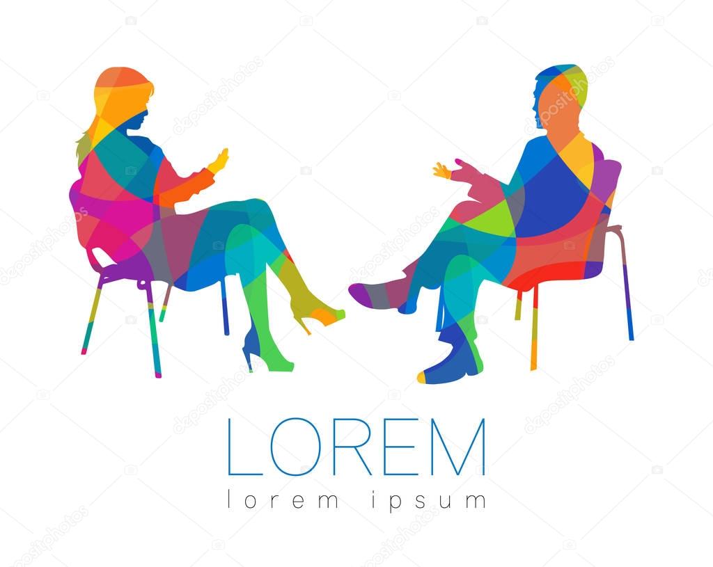 The people talk. Counselling or Psychotherapy session. Man woman talking while sitting. Silhouette profile. Modern symbol logo. Design concept sign. Rainbow bright and colorful.