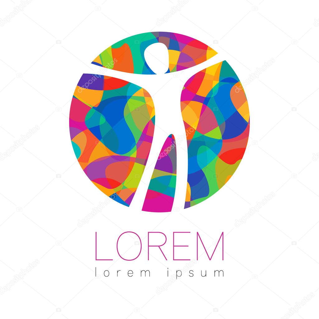 Modern vector Human silhouette in circle logotype isolated on white background. Rainbow bright colors. Man happy inside. Health symbol. Concept design for web, clinic, school, education. Creative.