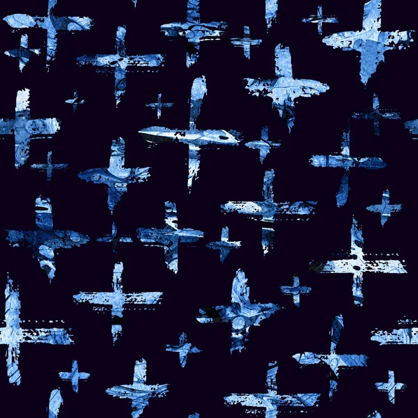 Ακουαρέλα απρόσκοπτη μοτίβο με βούρτσα σταυρό και εγκεφαλικά επεισόδια. Χρώμα μπλε σε σκούρο φόντο. Χειροποίητη υφή grange. Τα γεωμετρικά στοιχεία του μελανιού. Μοντέρνο στυλ μόδα. Ατελείωτες ύφασμα εκτύπωσης. — Φωτογραφία Αρχείου