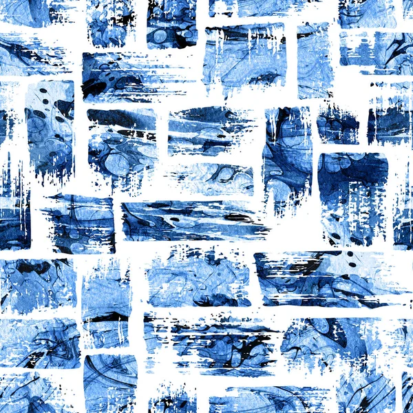 Watercolor seamless pattern with brush stripes and strokes. Blue color on white background. Hand painted grange texture. Ink geometric elements. Fashion modern style. Endless fabric print. — Stock Photo, Image