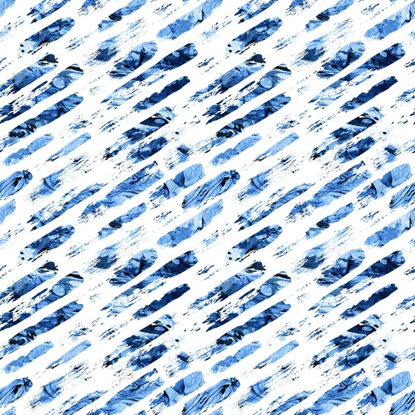 Watercolor seamless pattern with brush stripes and strokes. Blue color on white background. Hand painted grange texture. Ink geometric elements. Fashion modern style. Endless fabric print. — Stock Photo, Image