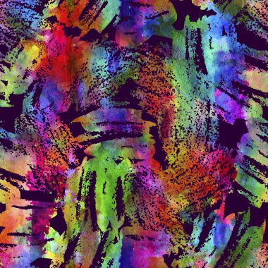 Fırça çizgileri ve fırça darbeleriyle kusursuz desen. Menekşe arkaplanda gökkuşağı suluboya. Elle boyanmış grange dokusu. Mürekkep geometrik elementler. Modern moda tarzı. Bitmek bilmeyen kumaş izi.