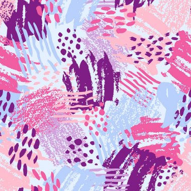 Vektör renkli Dikişsiz desen fırça darbeleriyle ve nokta. Pembe mavi menekşe rengi açık renkli. Grange doku el boyalı. Mürekkep geometrik öğeleri. Moda modern tarzı. Olağandışı